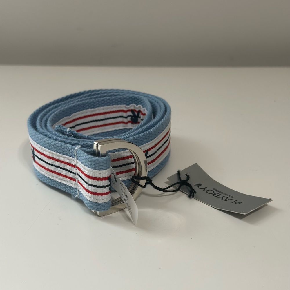 PLAYBOY D-Ring Belt with Iconic Playboy logo Allover Blue red stripes Men’s O/S